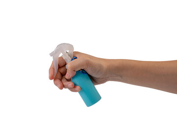 Hand and spray bottle isolated on transparent background