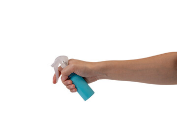 Hand and spray bottle isolated on transparent background