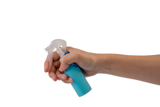 Hand and spray bottle isolated on transparent background