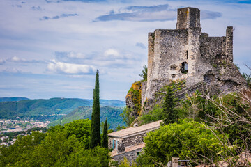 View on the medieval fortress of Rochemaure and the surrounding countryside in the South of France...