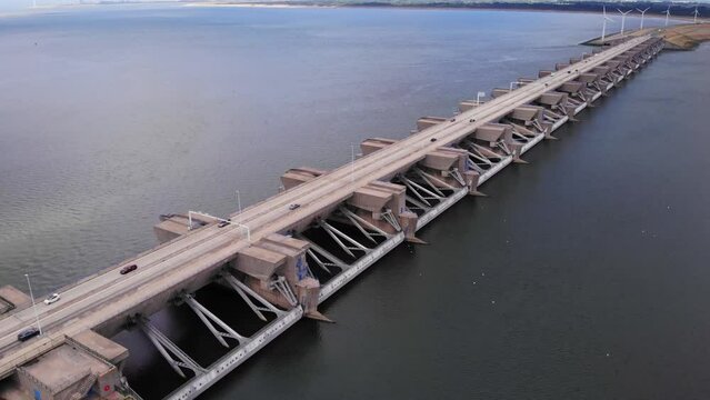 Aerial drone over the Netherlands, Stellendam, Haringvlietdam bridge and Dam part of Deltaworks.  