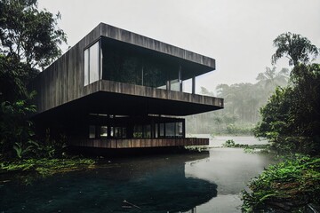 Modern design house in the rainforest jungle. Designed using generative ai 