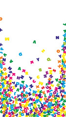 Falling letters of English language. Colorful flying words of Latin alphabet. Foreign languages study concept. Unequaled back to school banner on white background.