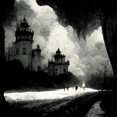 Naklejka premium The depiction of the terrible condition of a place or building has a mystical theme.