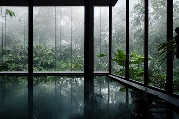 Interior with huge window and rainforest view