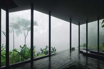 Obraz na płótnie Canvas Interior with huge window and rainforest view