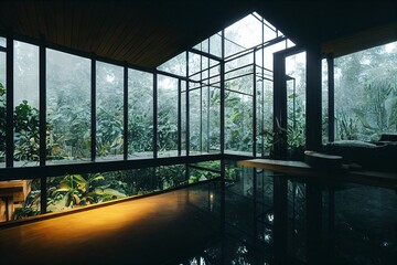 Fototapeta na wymiar Interior with huge window and rainforest view
