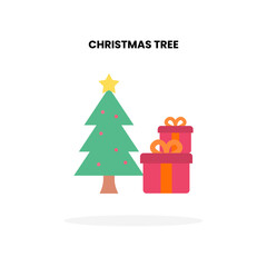 Fototapeta na wymiar Christmas Tree with gift box flat icon. Vector illustration on white background. Can used for digital product, presentation, UI and many more.