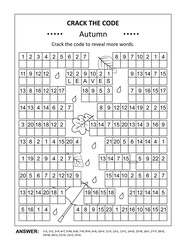 Crack the code word game, or codebreaker word puzzle, with various autumn related words and phrases. Answer included.
