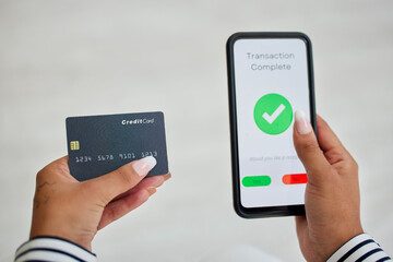 Phone screen, credit card and woman hands for digital transaction, online shopping and ecommerce application technology with mock up for marketing. Smartphone, banking and customer on web fintech ux