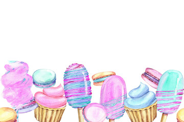 Cute desserts seamless banner. Watercolor with macaroons, ice-cream, cakes and sugar cotton.  Hand drawn illustration isolated on transparent.