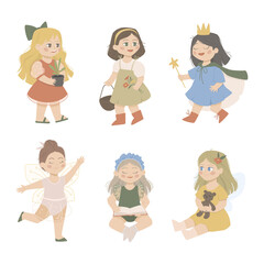 Set with cute beautiful girls. Girls play in the kinder garden. Various activities for children. Characters with different hairstyles and dresses. Kids vector illustration