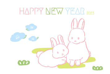 2023 Rabbit Year Simple and pastel cute New Year's card hand-drawn illustration / 2023年 うさぎ 卯年 シンプルでパステルカラーのかわいい年賀状 手描きイラスト