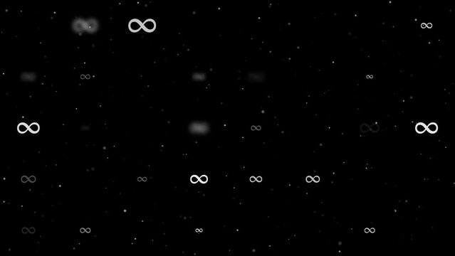 Template animation of evenly spaced infinity symbols of different sizes and opacity. Animation of transparency and size. Seamless looped 4k animation on black background with stars