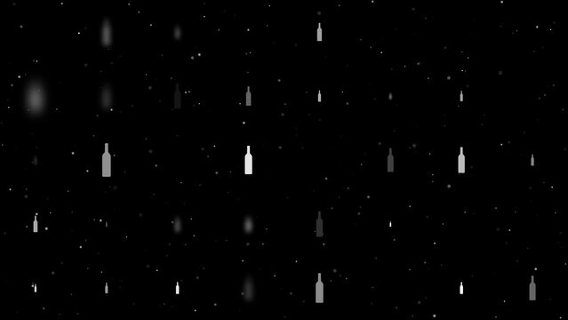 Template animation of evenly spaced beer bottle symbols of different sizes and opacity. Animation of transparency and size. Seamless looped 4k animation on black background with stars