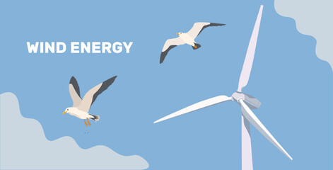 Onshore wind farms. Green energy wind turbines on the sea, in the ocean. Wind turbines. Vector illustration. Gray and white seagull in sky. Flying gull. 