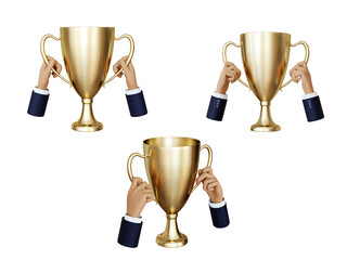 Hands holding the winner's cup. Trophy cup as a symbol of victory, first place, main prize, success. illustration of 3d rendering. Cartoon style, victorious hand gesture.