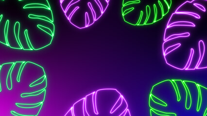 Fototapeta premium Neon tropical abstract background. Glowing leaf of a monstera plant on a dark background.