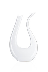 Close-up shot of an empty crystal swan decanter. This U-shaped vessel features a curvy neck and an angled spout. The swan decanter is isolated on a white background. Front view. © Redumbrella