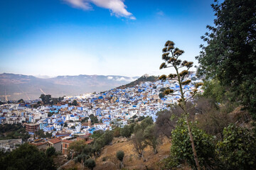 panorama over Chefchaouen, blue city, rif mountains, morocco, north africa