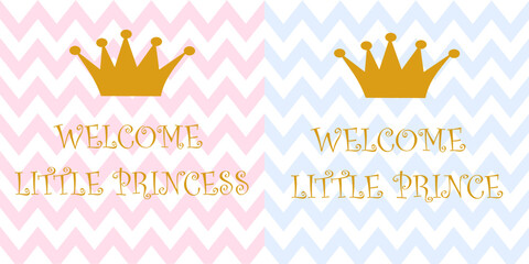 Welcome little princess, prince vector poster with gold calligraphic composition and gold crowns. Baby shower pink and blue background. Baby arrival vector illustration - obrazy, fototapety, plakaty