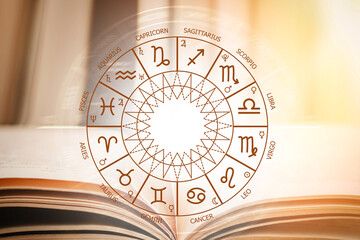Zodiac circle against the background of an open book. Astrological forecast for the signs of the...