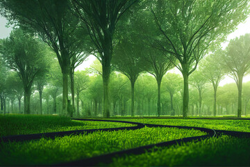 Fototapeta na wymiar Alley of trees in futuristic green park