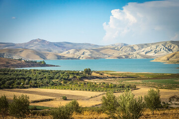 landscape with mountains and lake, reservoir, rif mountains, morocco, north africa