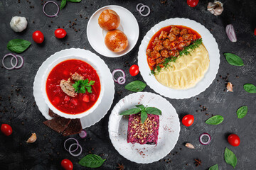 Traditional National Kazakh dishes Kazakh borscht, beet salad with walnuts. .Cooked from beef or...