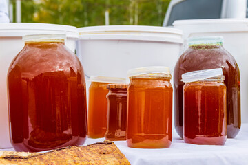 On counter there are jars and containers filled with multi-colored bee honey - beekeeping product. Autumn agricultural fair. Delicious honey sale.