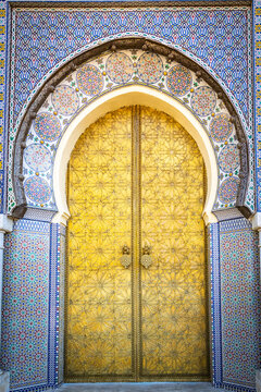 entrance to royal palace in fes, fez, morocco, north africa, 