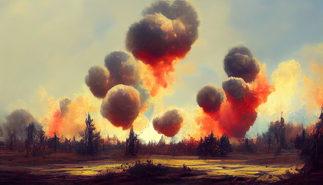 A series of explosions on the battlefield. War and destruction. 3D illustration.