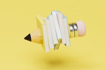 the concept of learning and reading books. a stack of books strung on a pencil on a yellow background. 3D render