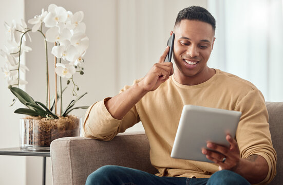 Phone Call, Young Man And Digital Planning Schedule On Tablet Or Online Shopping On Living Room Sofa. Happy Male, Listen To Good News Or Tech Customer Service Online Support Communication At Home