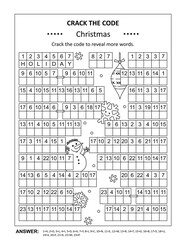 Crack the code word game, or codebreaker word puzzle, with various Christmas holiday related words and phrases. Answer included.
