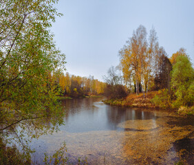 Autumn landscape with forest river in october rainy morning