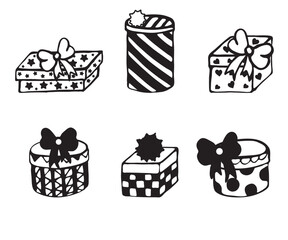 black and white doodle illustration with gifts and gift boxes. Set of  present/gift boxes
