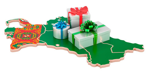 Gift boxes on the Turkmen map. Christmas and New Year holidays in Turkmenistan concept. 3D rendering