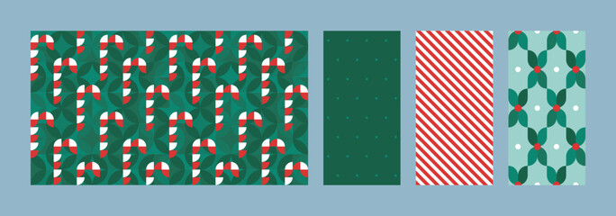 Christmas holiday abstract seamless pattern set. Vector illustration. Collection of red and green geometric ornament with candy background. Design for xmas and new year wrapping paper, fabric