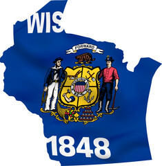 Wisconsin map with waving flag, US state.