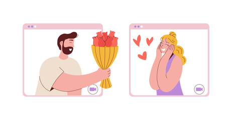 Online date during quarantine and self-isolation, man gives flowers to woman via video chat.