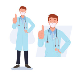 Fototapeta premium Male doctor in medical coat and wearing face mask and raising thumbs up. Flat vector cartoon character illustration.