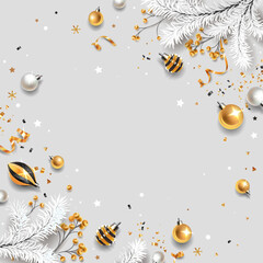 Fototapeta premium Square banner with silver and gold Christmas symbols and text. Christmas tree, balls, golden tinsel confetti and snowflakes on gray background. 
