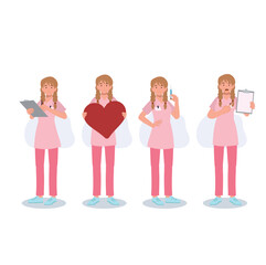 Naklejka premium set of female baby doctor , nurse, medical staff in various action. Flat vector cartoon character illustration.