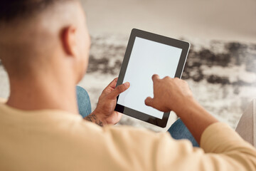 Mockup screen, tablet and hands of a man on the internet for a search in his house. Back of a person typing on marketing, branding and advertising technology for work, networking and connection