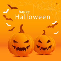 Orange banner with evil smiling Halloween pumpkins. Congratulatory vector illustration with the inscription "Happy Halloween"