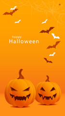 Orange banner with evil smiling Halloween pumpkins. Congratulatory vector illustration with the inscription 