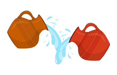 Ceramic, glossy pitcher. Clay jug of water, water is pouring. Dishes for liquid. Ceramics Vector.