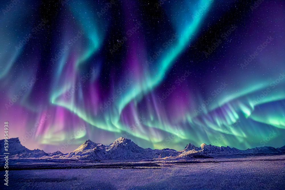 Wall mural aurora borealis on the norway. green northern lights above mountains. night sky with polar lights. n