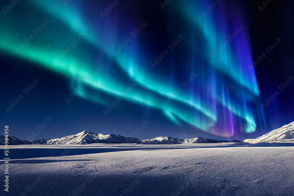 Wall mural aurora borealis on the norway. green northern lights above mountains. night sky with polar lights. n